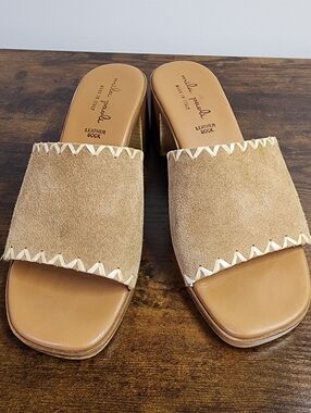 Mila Paoli Tan Leather Suede Stitched Slide Block Heel Sz7.5 Casual Euro Summer